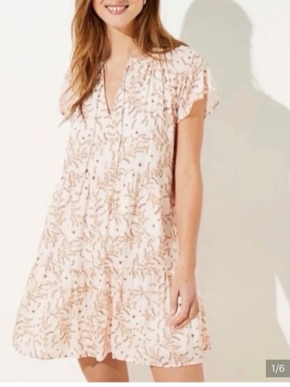 LOFT Pale Pink Tiered Short Sleeve Floral Babydoll Dress